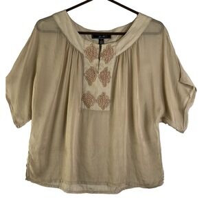 100% Silk Short Dolman Sleeve Sheer Beaded Top Blouse Coquette Fairy Boho S‎
